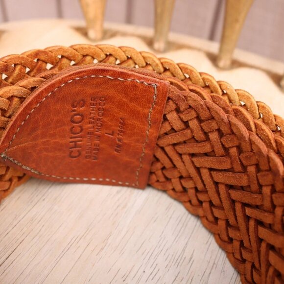 Chico's Moroccan Brown Leather Woven Belt Brass Silver Tone Buckle L - Picture 6 of 15